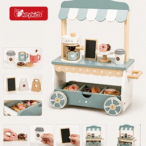 2026 New Wooden Coffee Cart Pretend Play Toy Set with Coffee Machine and Pastry Accessories for Kids Role Play W10A337